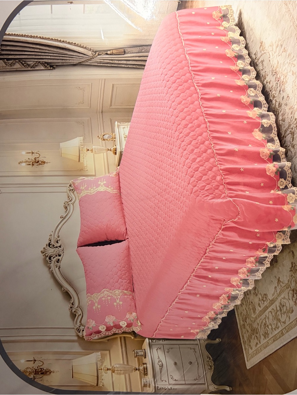 Classic Pink Quilted Bedspread Set with Lace Trim